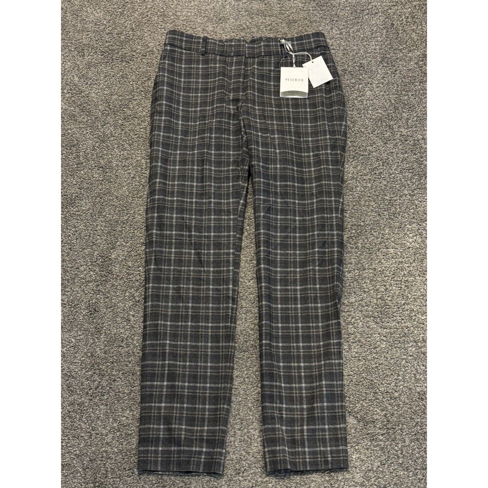 Peserico Women’s Gray Wool Metallic Plaid Pull On Straight Leg Pants Sz 44 NWT‎